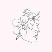 hand gezeichneter frauenkopf mit blumenschönheitsblumengesicht elegante minimale strichzeichnungsillustration vektor