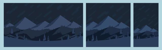 uppsättning av berg landskap på midnatt. fyrkant, horisontell och vertikal affischer, platt design eps vektor. berg snö toppar och kullar på natt illustration. vektor