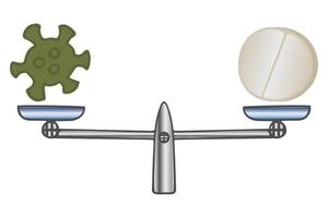 Coronavirus und eine medizinische Pille. Waage Waage zum Abwägen medizinischer Entscheidungen. Farbvektorillustration. isolierter weißer Hintergrund. ein Arzneimittel zur Behandlung einer schweren Krankheit. flacher Stil. Kapsel. vektor