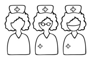 Krankenschwestern in einer Mütze mit einem Kreuz. einer mit Brille, der andere mit medizinischer Maske. Vektor-Reihe von Symbolen. Arzt anonym. Umriss auf einem isolierten Hintergrund. Gekritzelart.das Thema Gesundheit. skizzieren. vektor