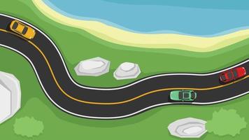 vektor eller illustration av ovan se av asfalt väg med vit och gul linje. buktig väg väg Nästa till de strand med sten och grön gräs. med bilar körning för resa på de asfalt väg.