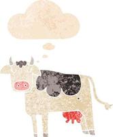 tecknad ko och tankebubbla i retro texturerad stil vektor