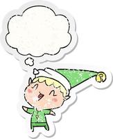 Cartoon Happy Christmas Elf und Gedankenblase als beunruhigter, abgenutzter Aufkleber vektor