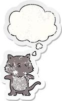 Cartoon-Katze und Gedankenblase als beunruhigter, abgenutzter Aufkleber vektor