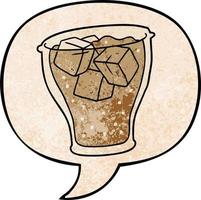 Cartoon-Glas Cola und Eis und Sprechblase im Retro-Textur-Stil vektor