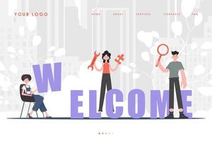 Willkommens-Landing-Page Homepage für ein vielfältiges Team von Menschen für die Website. Cartoon-Charakter-Stil. vorherige Abbildung.