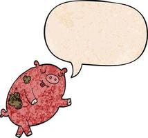 Cartoon tanzendes Schwein und Sprechblase im Retro-Textur-Stil vektor