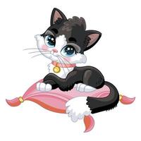 süßes schwarzes kätzchen, das auf einer kissenzeichentrickfigur liegt, vektorillustration vektor