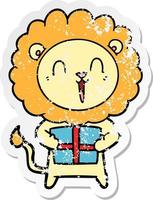 bedrövad klistermärke av en skrattande lejon tecknad serie med jul närvarande vektor