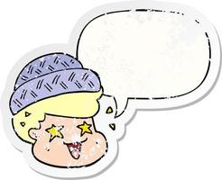 tecknad serie pojke bär hatt och Tal bubbla bedrövad klistermärke vektor