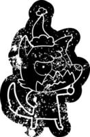 tecknad serie bedrövad ikon av en irriterad räv bär santa hatt vektor