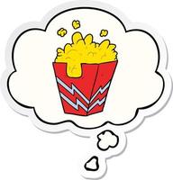 Cartoon-Schachtel mit Popcorn und Gedankenblase als bedruckter Aufkleber vektor