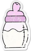 bedrövad klistermärke av en knäppa hand dragen tecknad serie bebis mjölk flaska vektor