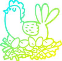 Kalte Gradientenlinie Zeichnung Cartoon-Huhn auf Eiernest vektor