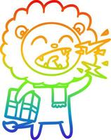 Regenbogengradientenlinie Zeichnung Cartoon brüllender Löwe mit Geschenk vektor