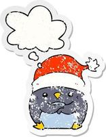 süßer Cartoon-Pinguin mit Weihnachtsmütze und Gedankenblase als beunruhigter, abgenutzter Aufkleber vektor