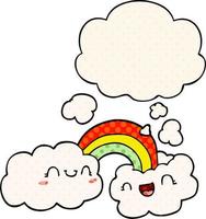 Fröhliche Cartoon-Wolken und Regenbogen und Gedankenblase im Comic-Stil vektor