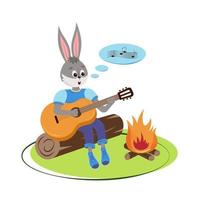 Hase der Barde am Lagerfeuer beim Picknick, spielt Gitarre und singt Lieder. Vektor-Illustration. für Banner, Postkarten, Flyer, Poster, T-Shirts, Kalender. vektor