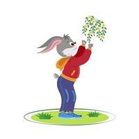 ein Hase auf einem Frühlingsspaziergang. Kaninchen und Frühlingsblumen. symbol des jahres 2023. vektorillustration für flyer, poster, banner, postkarte, kalender, t-shirt. vektor