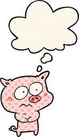 cartoon nervöses schwein und gedankenblase im comic-stil vektor