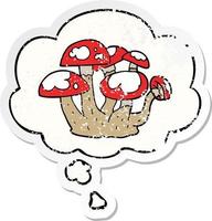 tecknade svampar och tankebubbla som ett bekymrat slitet klistermärke vektor