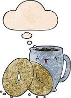 Cartoon-Kaffee und Donuts und Gedankenblase im Grunge-Texturmuster-Stil vektor