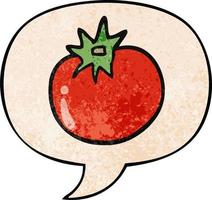 Cartoon-Tomate und Sprechblase im Retro-Textur-Stil vektor