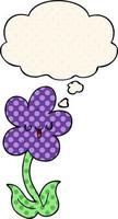 Cartoon-Blume mit fröhlichem Gesicht und Gedankenblase im Comic-Stil vektor