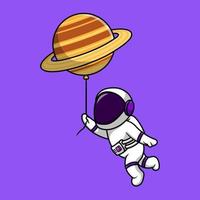 niedlicher astronaut, der mit planetenballon in der weltraumkarikatur-vektorsymbolillustration schwimmt. flaches karikaturkonzept vektor