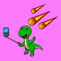 niedlicher dinosaurier, der selfie-telefonkamera mit meteoritenkarikatur-vektorsymbolillustration nimmt. flaches karikaturkonzept der tiertechnologie vektor