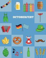 oktoberfest öl festival uppsättning. öl mugg, korv, tyrolean hatt, pretzel, traditionell kläder, dragspel, flaggor, tunna, humle. illustration eller affisch för en Semester. vektor