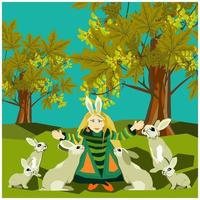 süßes Cartoon-Boho-Stil gekleidetes Mädchen in Stirnband mit Hasenohren im Ahornbaumwald, das kleines Kaninchen oder Hase in seiner Stirn küsst. vektorillustration für kinderbuch, märchen vektor