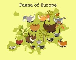 Tierkarte von Europa. Kindererziehungsposter mit Tieren der Mittelzone Europas. Fauna Europas. Kinderkarte. vektor