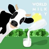 värld mjölk dag vektor grafisk vektor design. baner, posta eller kort med text. mjölk från en glas flaska är hällde in i en glas på de bakgrund av träd, himmel och Sol och en ko