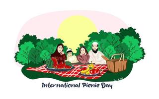 glückliche muslimische familie, die picknick genießt. sie liegen auf dem gras in einem park, der korb mit essen, auf einer karierten rot-weißen tischdecke wassermelone und obst in einem teller vektor