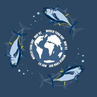 Abbildung zum Weltthunfischtag. Vektor isolierter Thunfisch stilisiertes Clipart-Banner, Poster mit Schriftzug. meer und ozean leben marine