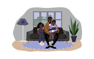 afrikansk amerikan far med son och dotter Sammanträde på de soffa i de rum med modern interiör. Lycklig leende afrikansk amerikan familj. vektor platt illustration