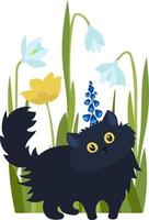 schwarze katze auf einem hintergrund des frühlingsblumenvektors vektor