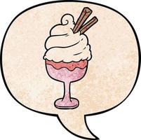 Cartoon-Eis-Dessert und Sprechblase im Retro-Textur-Stil vektor