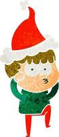 Retro-Karikatur eines neugierigen Jungen, der ungläubig die Augen reibt und eine Weihnachtsmütze trägt vektor