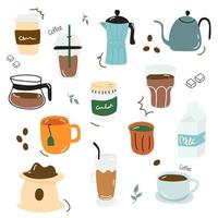 vektorillustration handgezeichneter kaffee, kaffee, tee, sodawasser. isolierter Hintergrund. vektor
