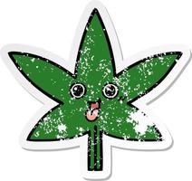 bedrövad klistermärke av ett sött tecknat marijuanablad vektor
