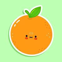 söt rolig orange frukt klistermärke karaktär. vektor hand dragen tecknad serie söt karaktär illustration. isolerat grön bakgrund. orange frukt klistermärke