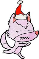 strukturierter Cartoon eines Wolfs, der Zähne mit Weihnachtsmütze zeigt vektor