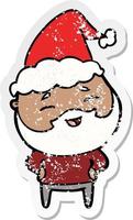 Distressed Sticker Cartoon eines glücklichen bärtigen Mannes mit Weihnachtsmütze vektor