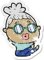 beunruhigter Aufkleber einer sitzenden Cartoon-Frau mit Brille vektor