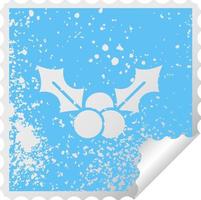 Distressed Square Peeling Aufkleber Symbol Weihnachtsstechpalme vektor