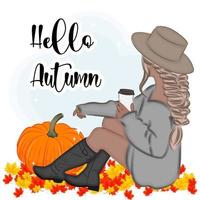 Hallo Herbst, Blondine mit Kaffee, Rücken, Kürbisse, Vektorillustration, Druck vektor