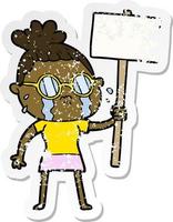 Distressed-Sticker einer weinenden Cartoon-Frau mit Brille vektor