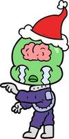 linje teckning av en stor hjärna utomjording gråt och pekande bär santa hatt vektor